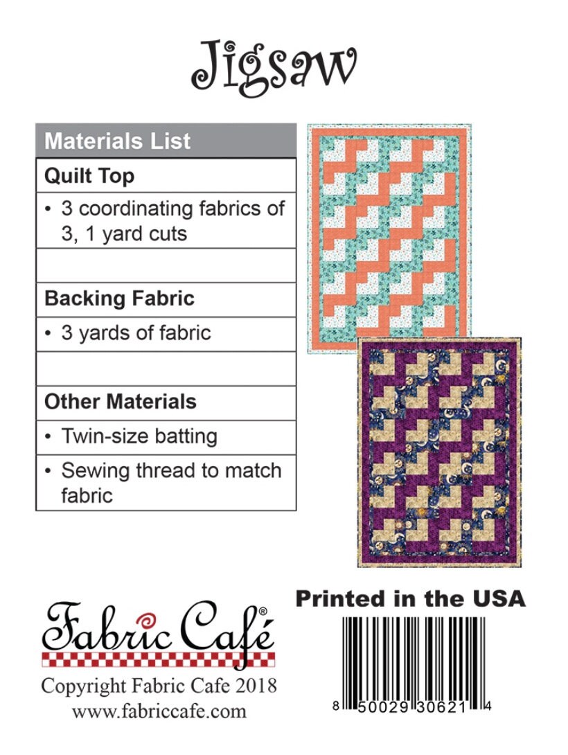 Fabric Cafe Jigsaw Pattern 3 Yard Quilt Pattern - Quilt Pattern - Fabric Cafe Pattern - 3 yard quilts