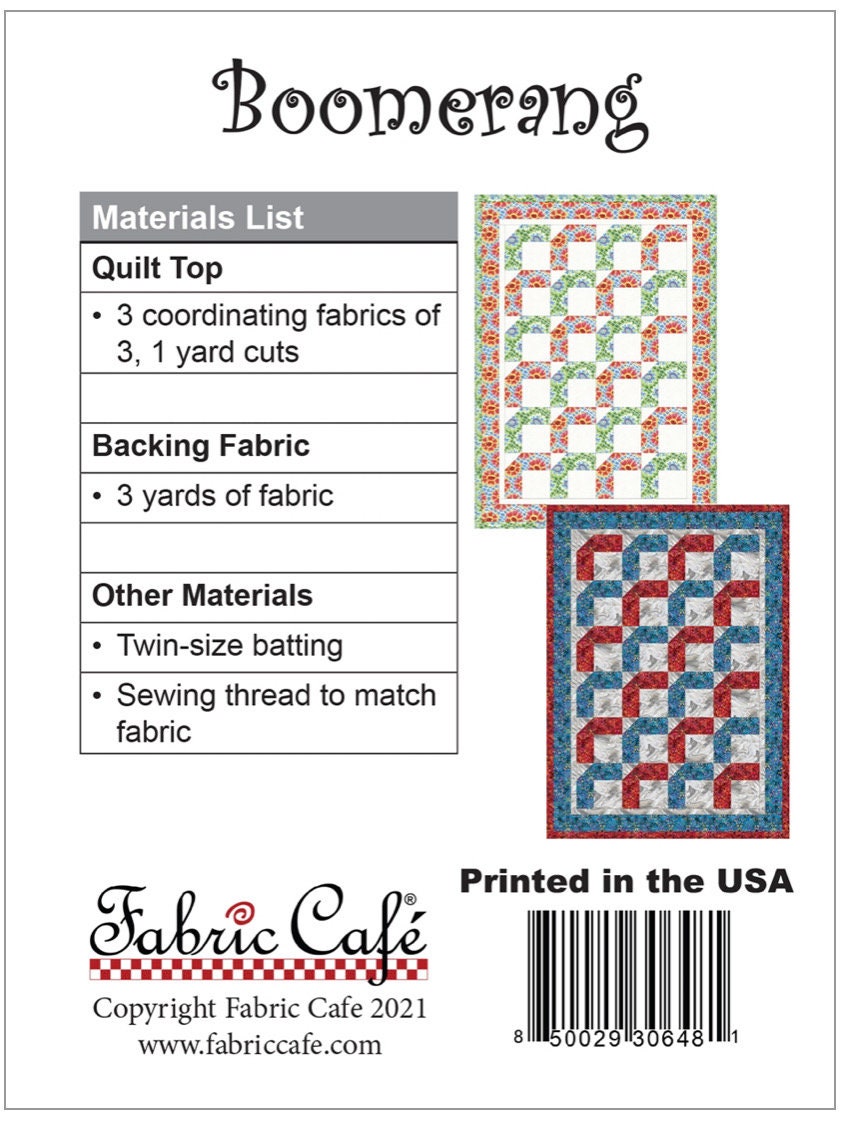 Fabric Cafe Boomerang Pattern 3 Yard Quilt Pattern - Quilt Pattern - Fabric Cafe Pattern - 3 yard quilts