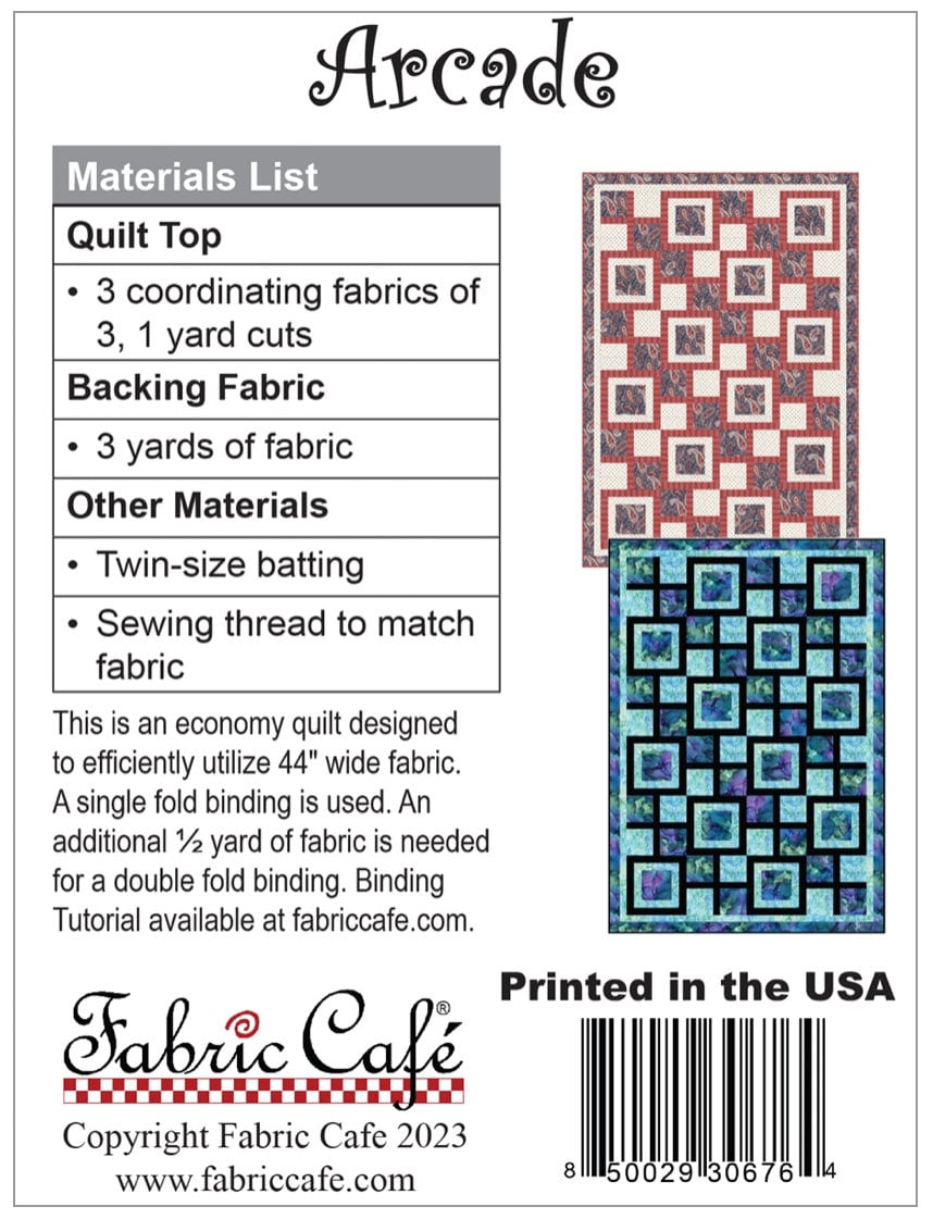 Fabric Cafe Arcade Pattern  3 Yard Quilt Pattern - Arcade Pattern - Quilt Pattern - Fabric Cafe Pattern - 3 yard quilts