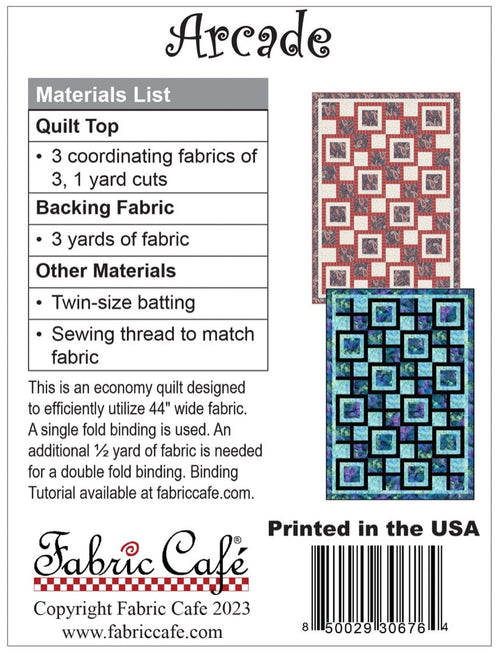 Fabric Cafe Arcade Pattern  3 Yard Quilt Pattern - Arcade Pattern - Quilt Pattern - Fabric Cafe Pattern - 3 yard quilts