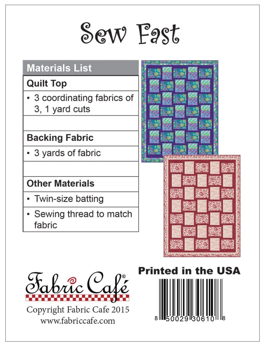 Fabric Cafe Sew Fast 3 Yard Quilt Pattern  - Quilt Pattern - Fabric Cafe Pattern