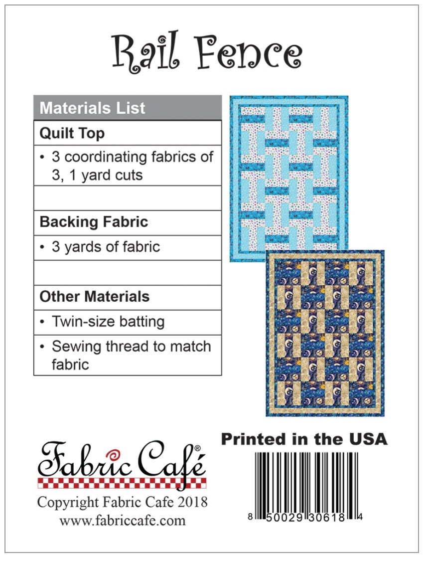 Fabric Cafe Rail Fence Pattern 3 Yard Quilt Pattern - Quilt Pattern - Fabric Cafe Pattern - 3 yard quilts