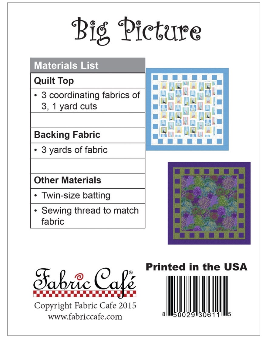 Fabric Cafe Big Picture Pattern 3 Yard Quilt Pattern - Quilt Pattern - Fabric Cafe Pattern