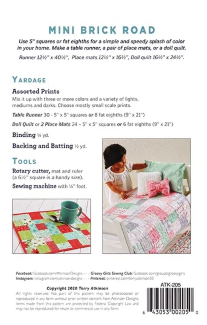Atkinson Designs Mini Brick Road quilt pattern - quilt pattern - paper pattern - charm pack quilt pattern