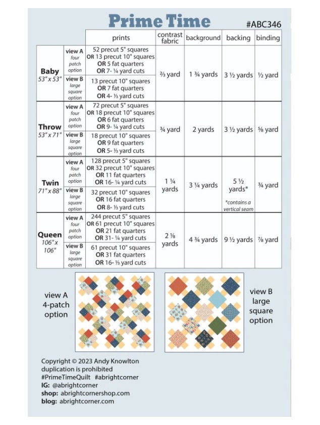 A Bright Corner Mod Prime Time Pattern quilt pattern - quilt pattern - paper pattern - layer cake  pattern - fat quarter pattern
