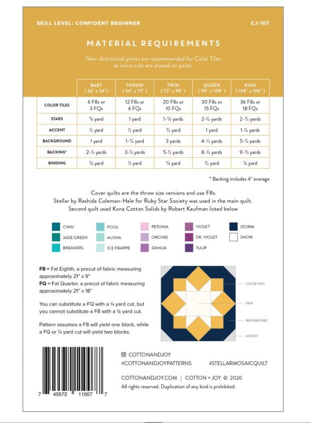 Cotton & Joy Stellar Mosaic quilt pattern - quilt pattern - paper pattern - fat quarter quilt pattern