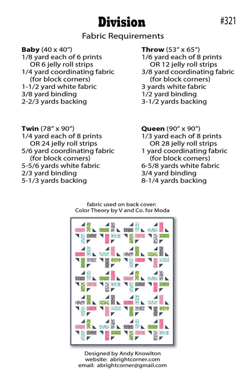 A Bright Corner Division Quilt Pattern - jellyroll pattern - fat quarter pattern