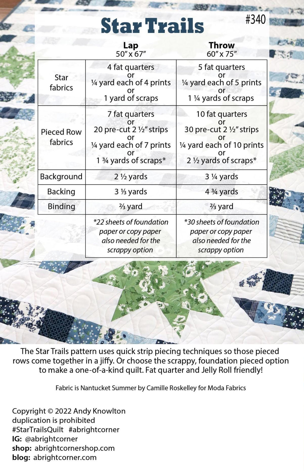 A Bright Corner Star Trails Quilt Pattern - jellyroll pattern - fat quarter pattern