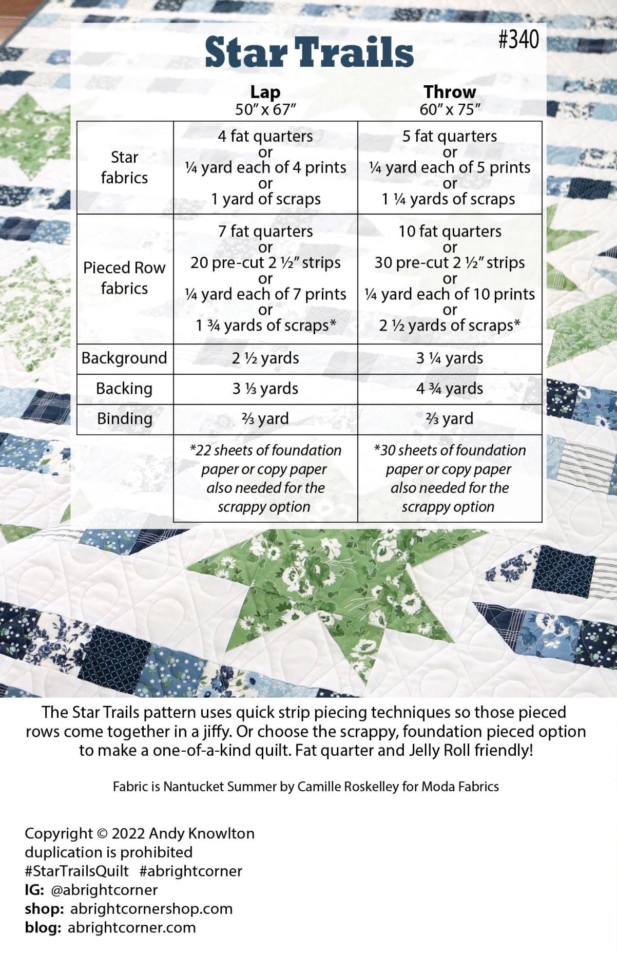 A Bright Corner Star Trails Quilt Pattern - jellyroll pattern - fat quarter pattern