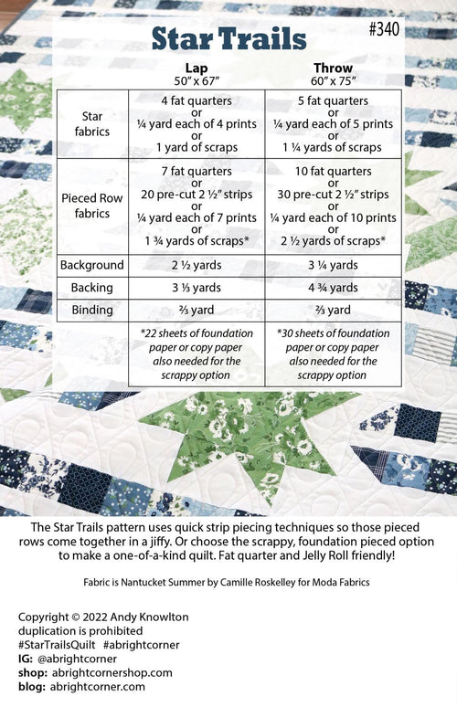 A Bright Corner Star Trails Quilt Pattern - jellyroll pattern - fat quarter pattern