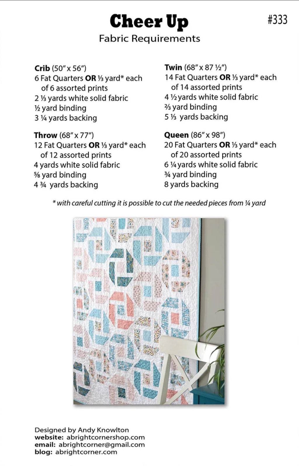 A Bright Corner Cheer Up Quilt Pattern - jellyroll pattern - fat quarter pattern