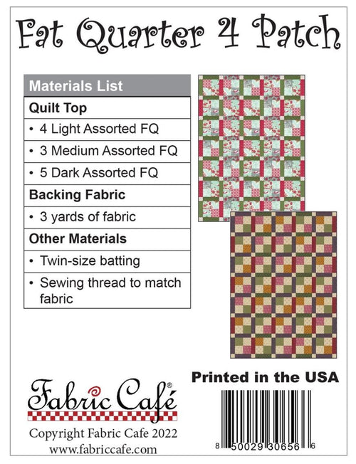 Fabric Cafe Fat Quarter 4 Patch Quilt Pattern - Quilt Pattern - Fabric Cafe Pattern