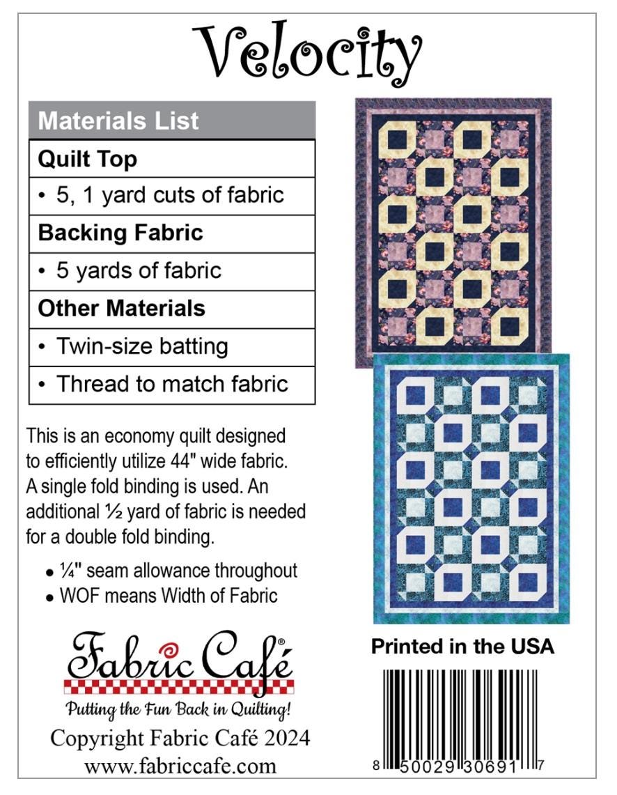 Fabric Cafe Velocity 5 Yard Quilt Pattern - Velocity Pattern - Quilt Pattern - Fabric Cafe Pattern - 5 yard quilts