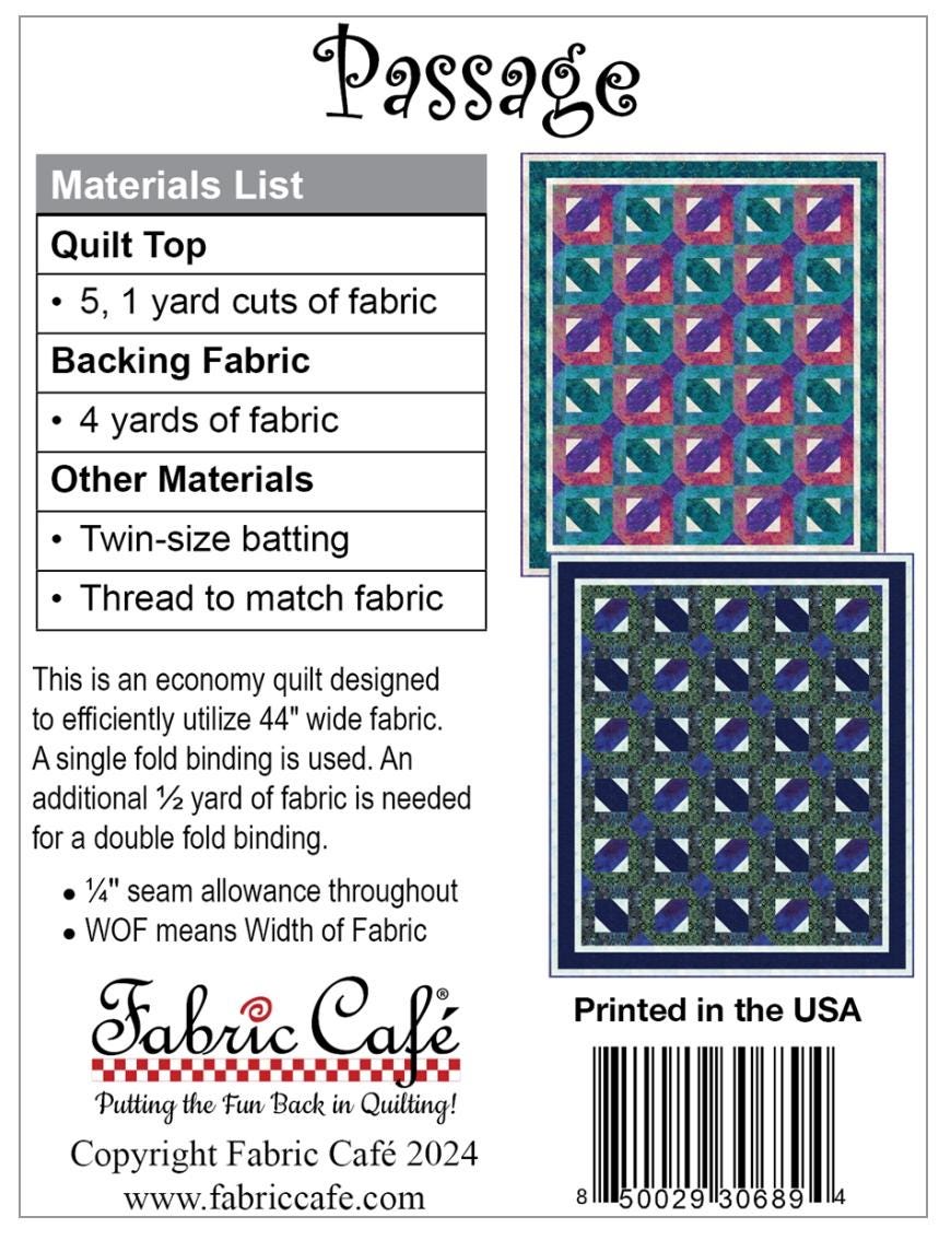 Fabric Cafe Passage Pattern 5 Yard Quilt Pattern - Passage Pattern - Quilt Pattern - Fabric Cafe Pattern - 5 yard quilts