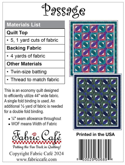 Fabric Cafe Passage Pattern 5 Yard Quilt Pattern - Passage Pattern - Quilt Pattern - Fabric Cafe Pattern - 5 yard quilts