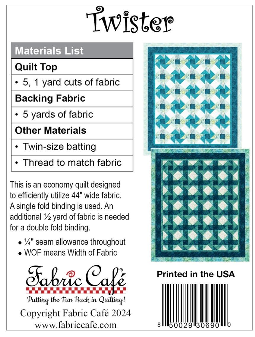 Fabric Cafe Twister 5 Yard Quilt Pattern - Twister  Pattern - Quilt Pattern - Fabric Cafe Pattern - 5 yard quilts