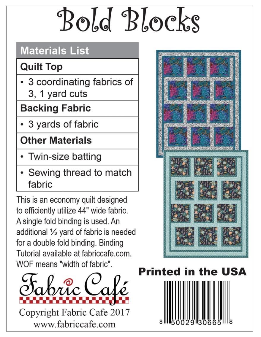 Fabric Cafe Bold Blocks Pattern 3 Yard Quilt Pattern - Quilt Pattern - Fabric Cafe Pattern - 3 yard quilts