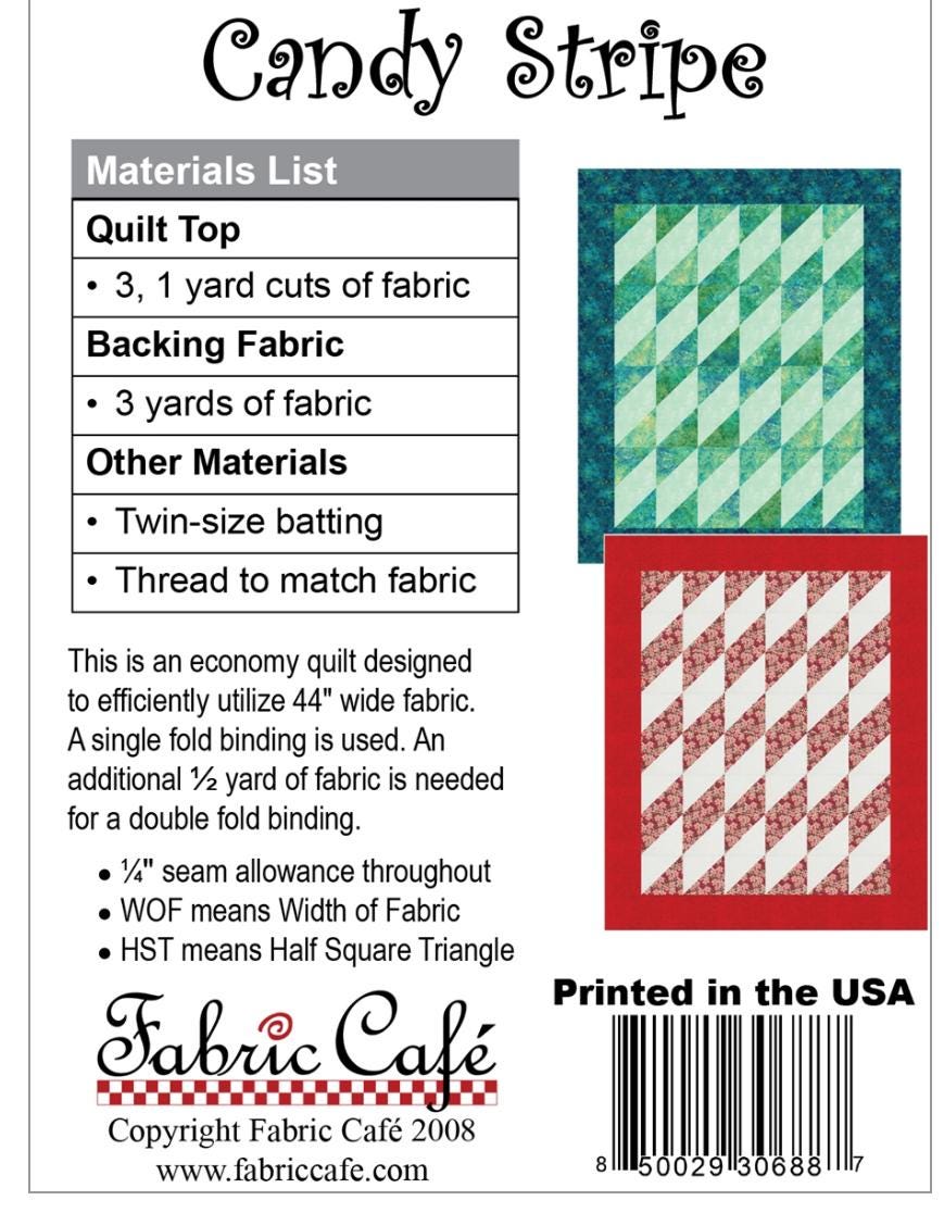 Fabric Cafe Candy Stripe Pattern 3 Yard Quilt Pattern - Quilt Pattern - Fabric Cafe Pattern