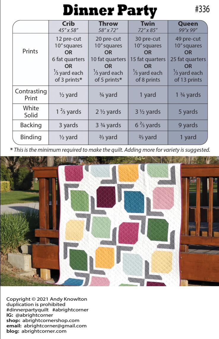 A Bright Corner Dinner Party Quilt Pattern - fat quarter pattern - beginner quilt pattern