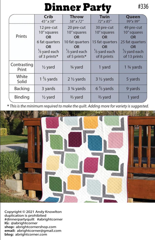 A Bright Corner Dinner Party Quilt Pattern - fat quarter pattern - beginner quilt pattern