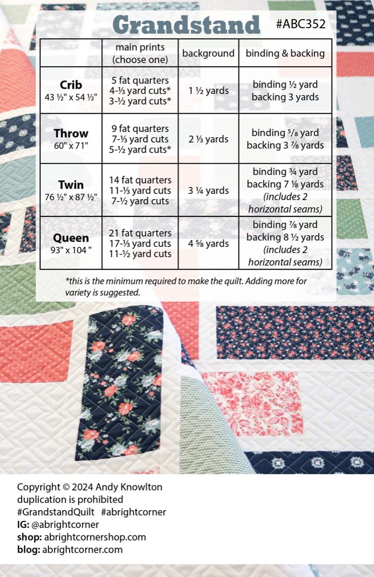 A Bright Corner Grandstand Quilt Pattern - fat quarter pattern - beginner quilt pattern