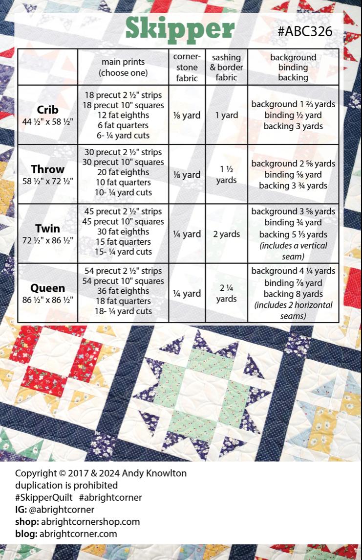 A Bright Corner Skipper Quilt Pattern quilt pattern - quilt pattern - paper pattern - layer cake  pattern - fat quarter pattern