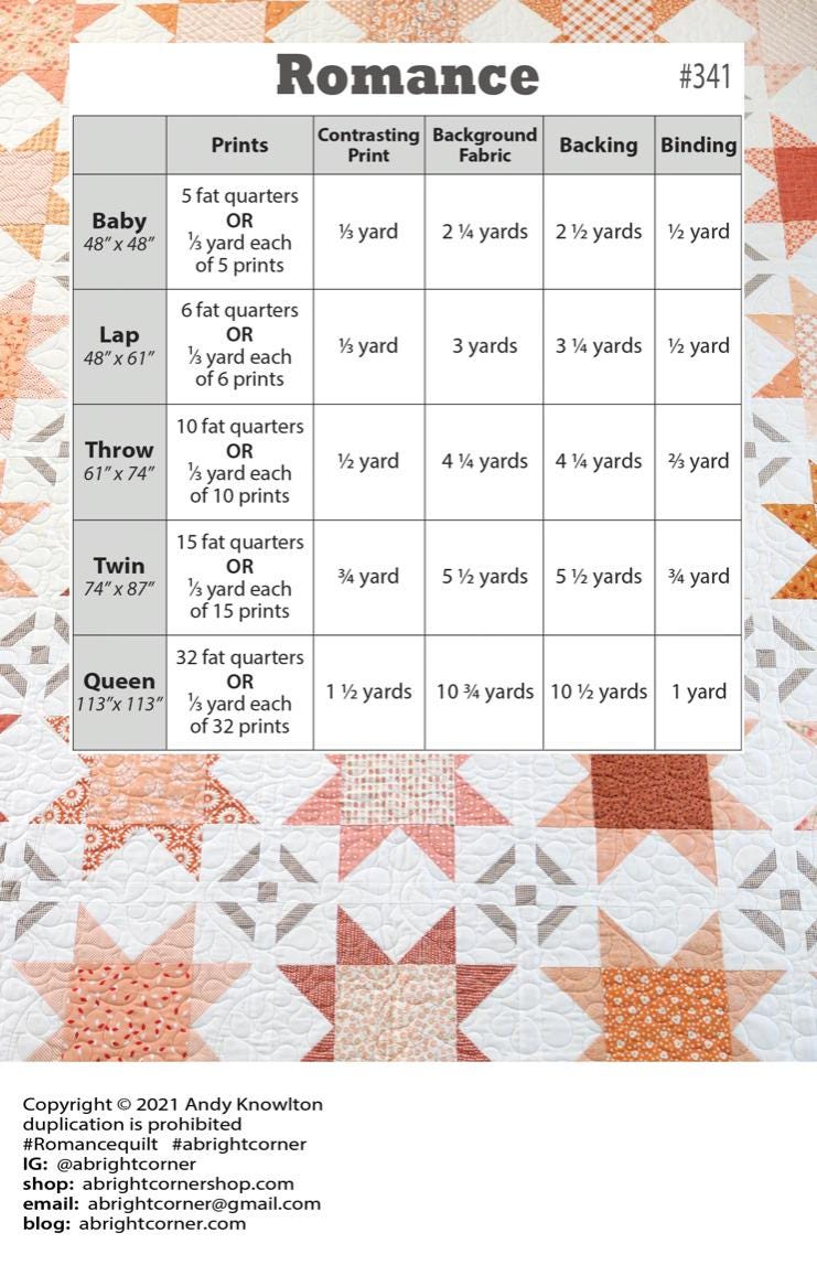 A Bright Corner Romance Quilt Pattern - quilt pattern - yardage pattern