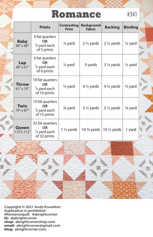 A Bright Corner Romance Quilt Pattern - quilt pattern - yardage pattern