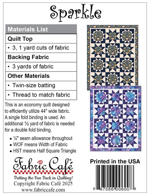 Fabric Cafe Sparkle 3 Yard Quilt Pattern - Quilt Pattern - Fabric Cafe Pattern - 3 yard quilts