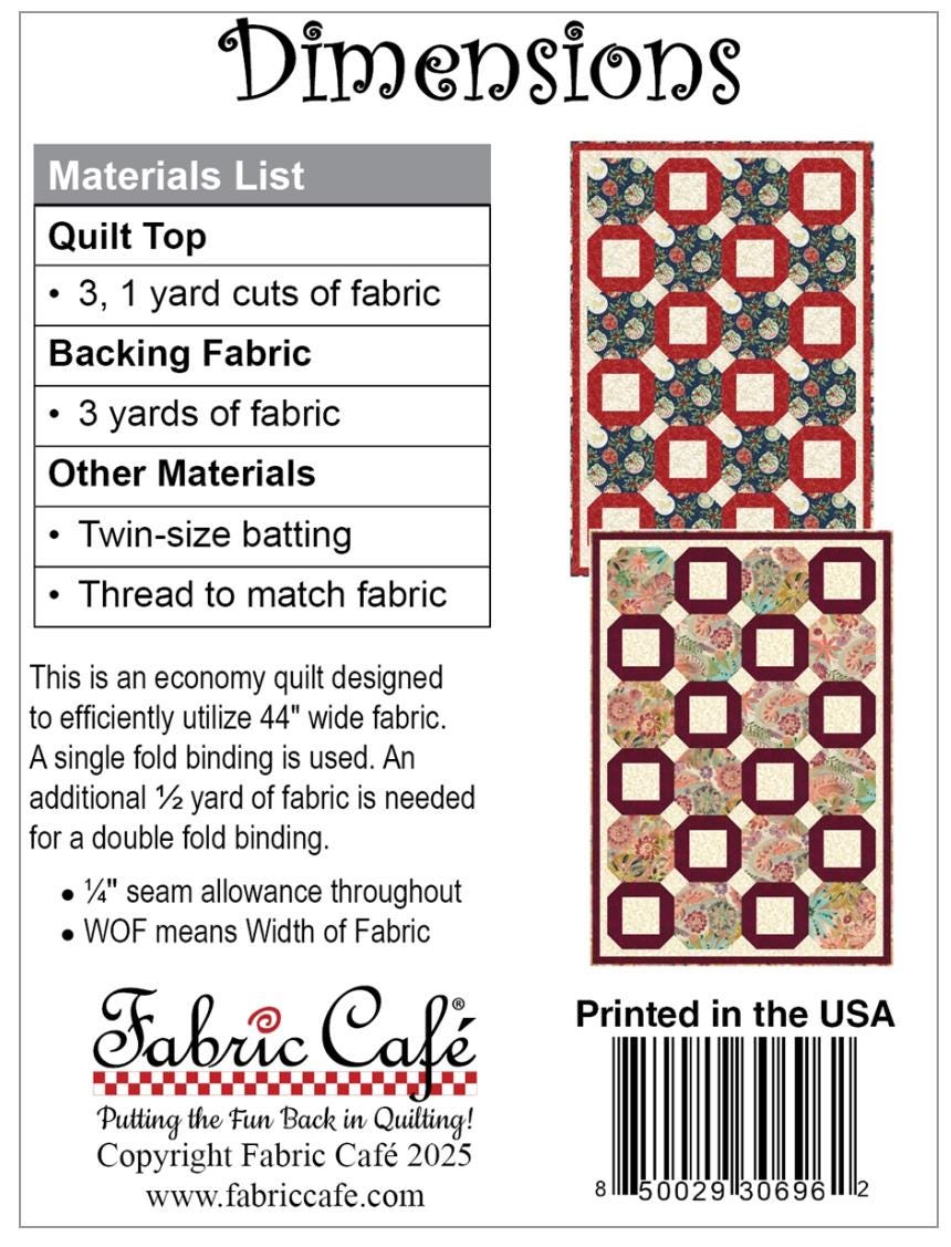 Fabric Cafe Dimensions Pattern 3 Yard Quilt Pattern - Quilt Pattern - Fabric Cafe Pattern