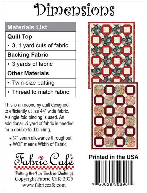 Fabric Cafe Dimensions Pattern 3 Yard Quilt Pattern - Quilt Pattern - Fabric Cafe Pattern