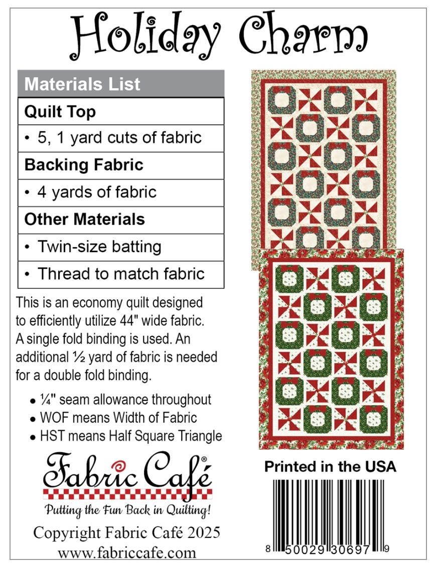 Fabric Cafe Holiday Charm Pattern  3 Yard Quilt Pattern - Christmas Pattern - Quilt Pattern - Fabric Cafe Pattern - 3 yard quilts