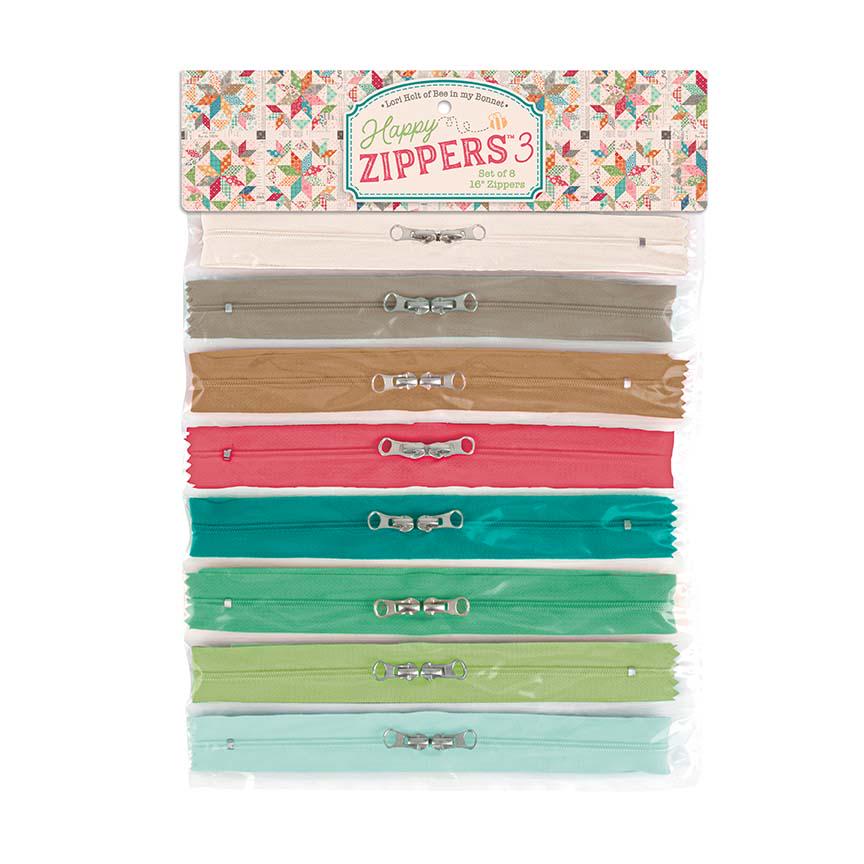 PREORDER Lori Holt Happy Zippers 3 - Lori Holt Zippers - zippy bag zippers - colorful zippers