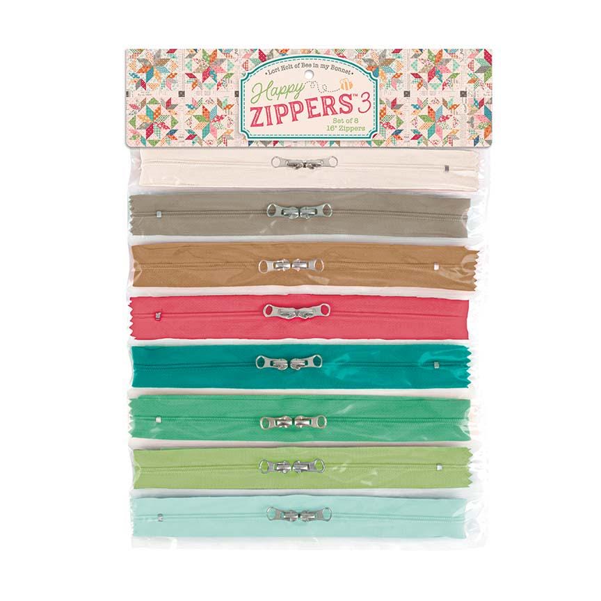 PREORDER Lori Holt Happy Zippers 3 - Lori Holt Zippers - zippy bag zippers - colorful zippers